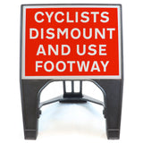 CYCLISTSDISMOUNTANDUSEFOOTWAY600X450MMMELBASWINTEXQSIGNROADSAFETYTRAFFICREDWHITESTREETSIGNAGE