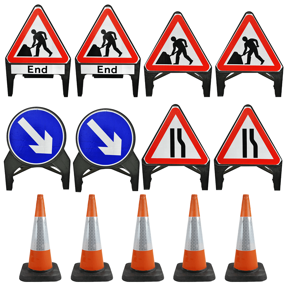 Men at Work, Road Narrows Right and Keep Left A-frame signs with 750mm traffic cones from the centre-works kit