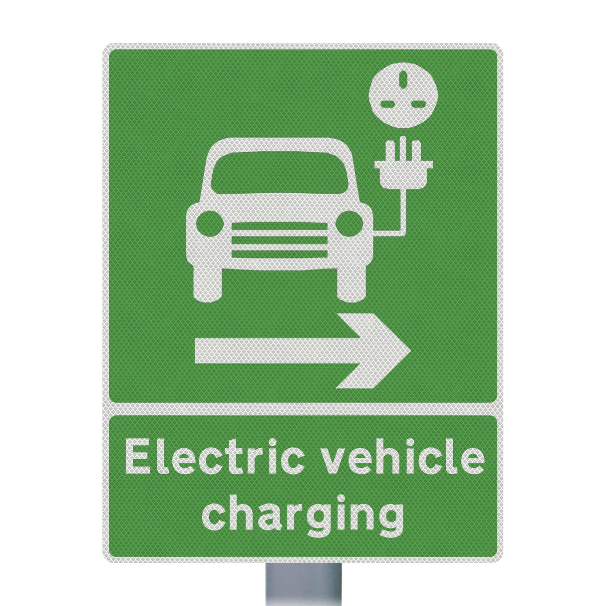 EV Recharging Arrow Right sign mounted on a post directing drivers to a charging point