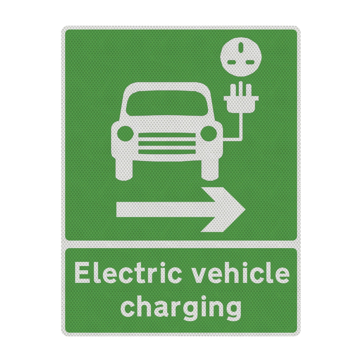 Green EV Recharging Arrow Right sign face showing the car, plug symbol and right arrow