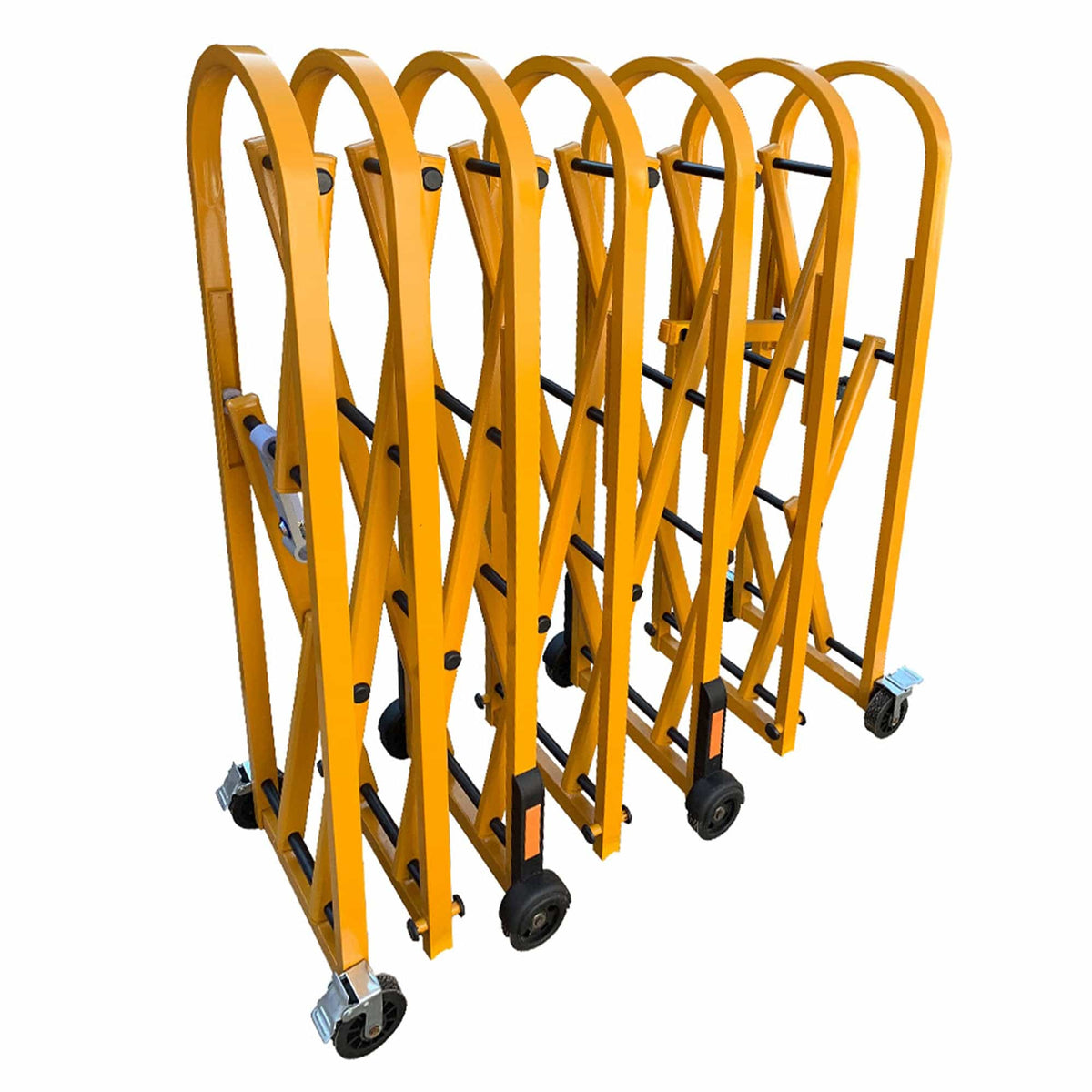 Hi-visibility yellow extendable diamond barrier with powder-coated steel frame, front view