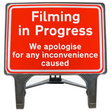 FILMINGINPROGRESSWEAPOLOGISEFORANYINCONVENIENCECAUSED1050x750MMMELBASWINTEXQSIGNROADSAFETYTRAFFICREDWHITESTREETSIGNAGE