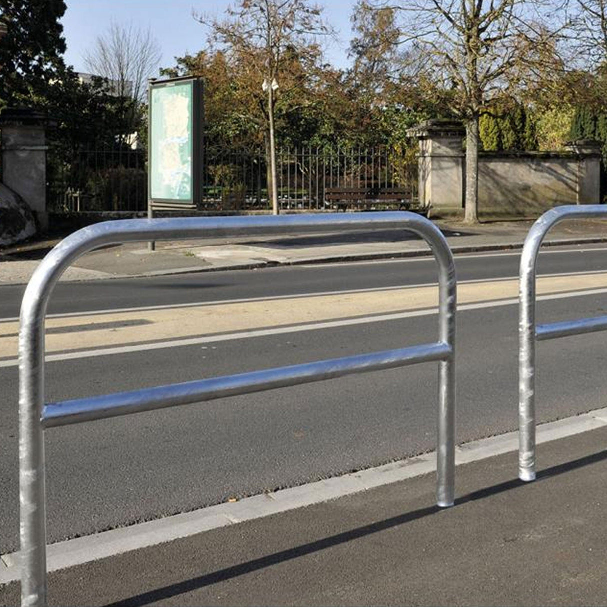 Galvanized steel hoop barrier perimeter security trolley bay protection vehicle access control strong steel site perimeter boundary marking trolley park door security commercial properties industrial sites public spaces dependable