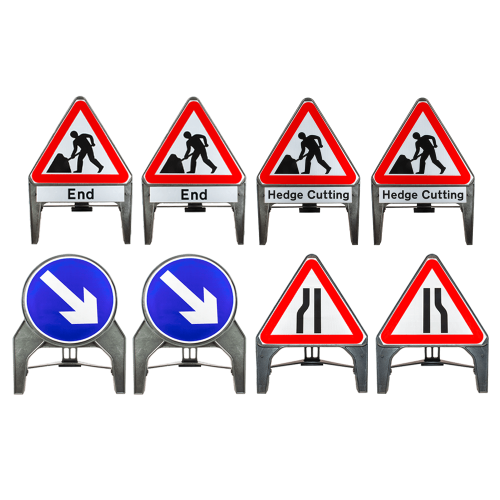 Hedge Cutting Q-Sign kit laid out - 2x Men at Work/Hedge Cutting, 2x End, 2x Keep Right, Road Narrows Left and Right signs