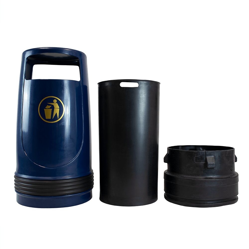 Merlin litter bin shown with its outer shell, liner and locking base separated