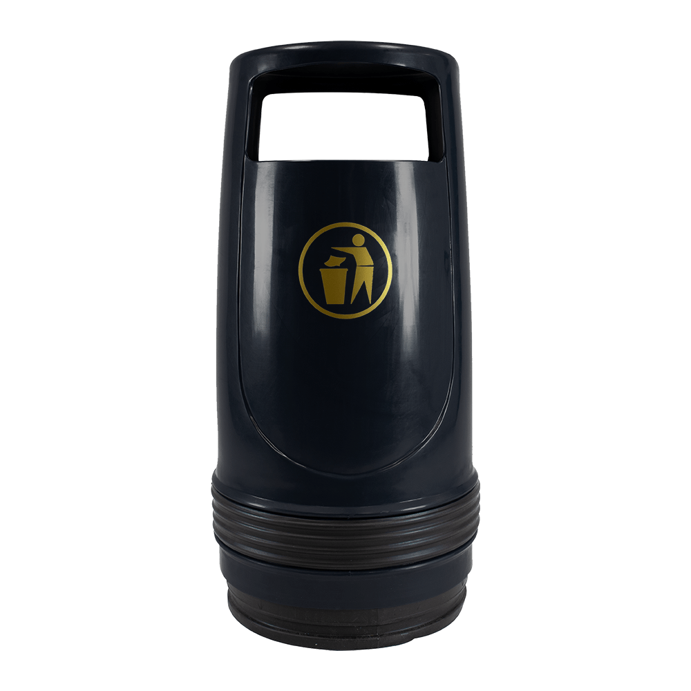 Black Merlin 90 litre litter bin, front view showing the aperture opening and recycling logo