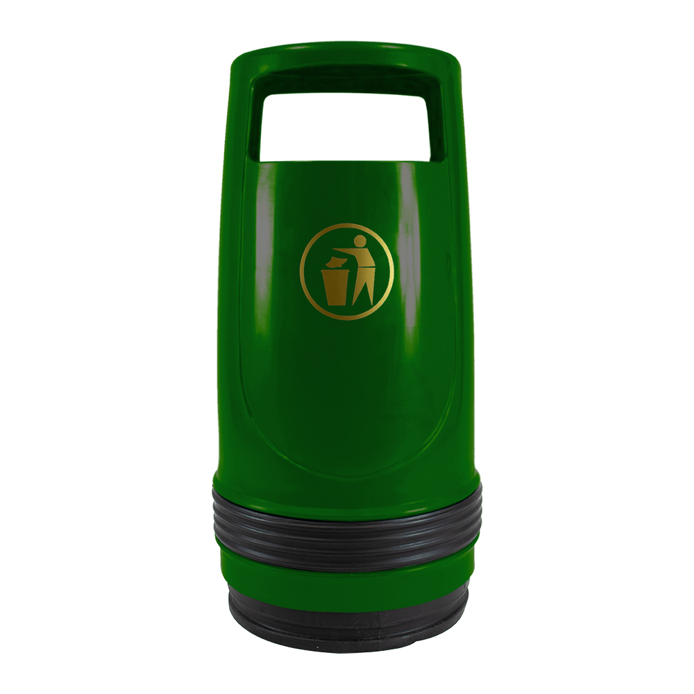 Dark green Merlin 90 litre litter bin, front view showing the aperture opening and recycling logo