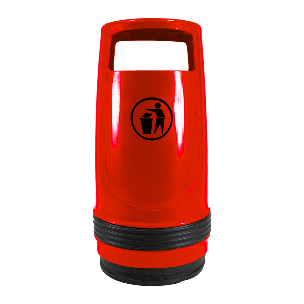 Red Merlin 90 litre litter bin, front view showing the aperture opening and recycling logo