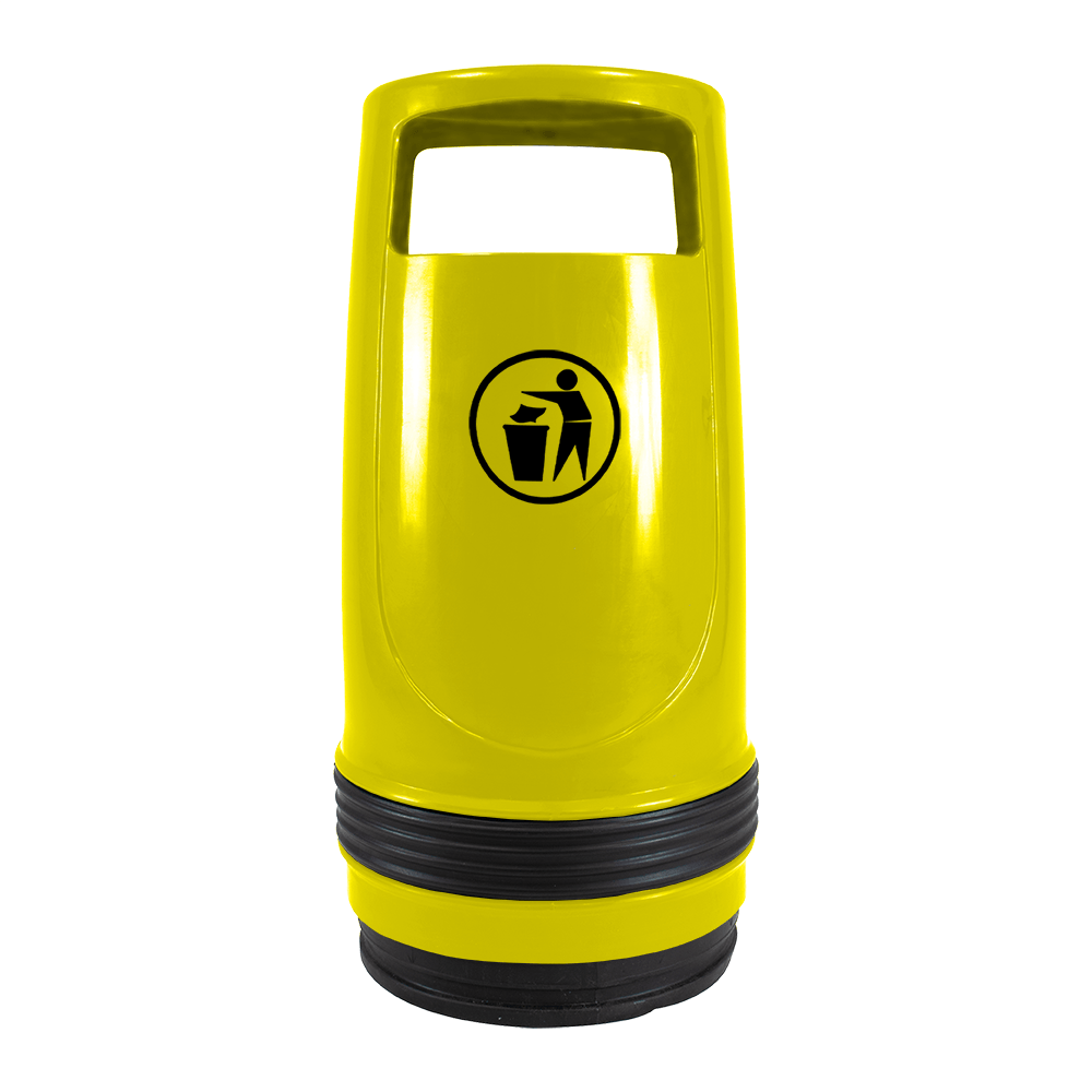 Yellow Merlin 90 litre litter bin, front view showing the aperture opening and recycling logo