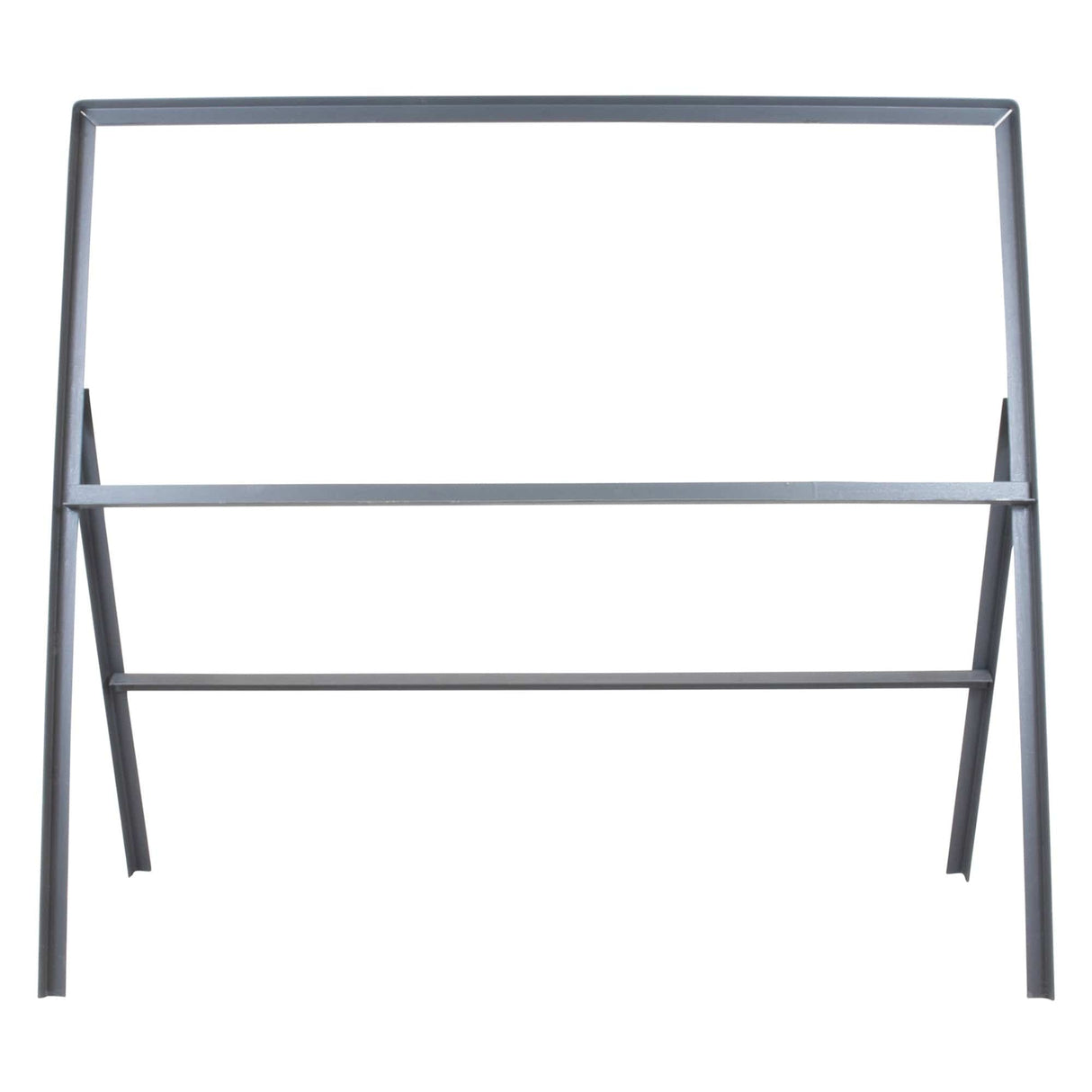 Temporary metal road sign frame, 1050 x 450mm, front view of the grey steel A-frame