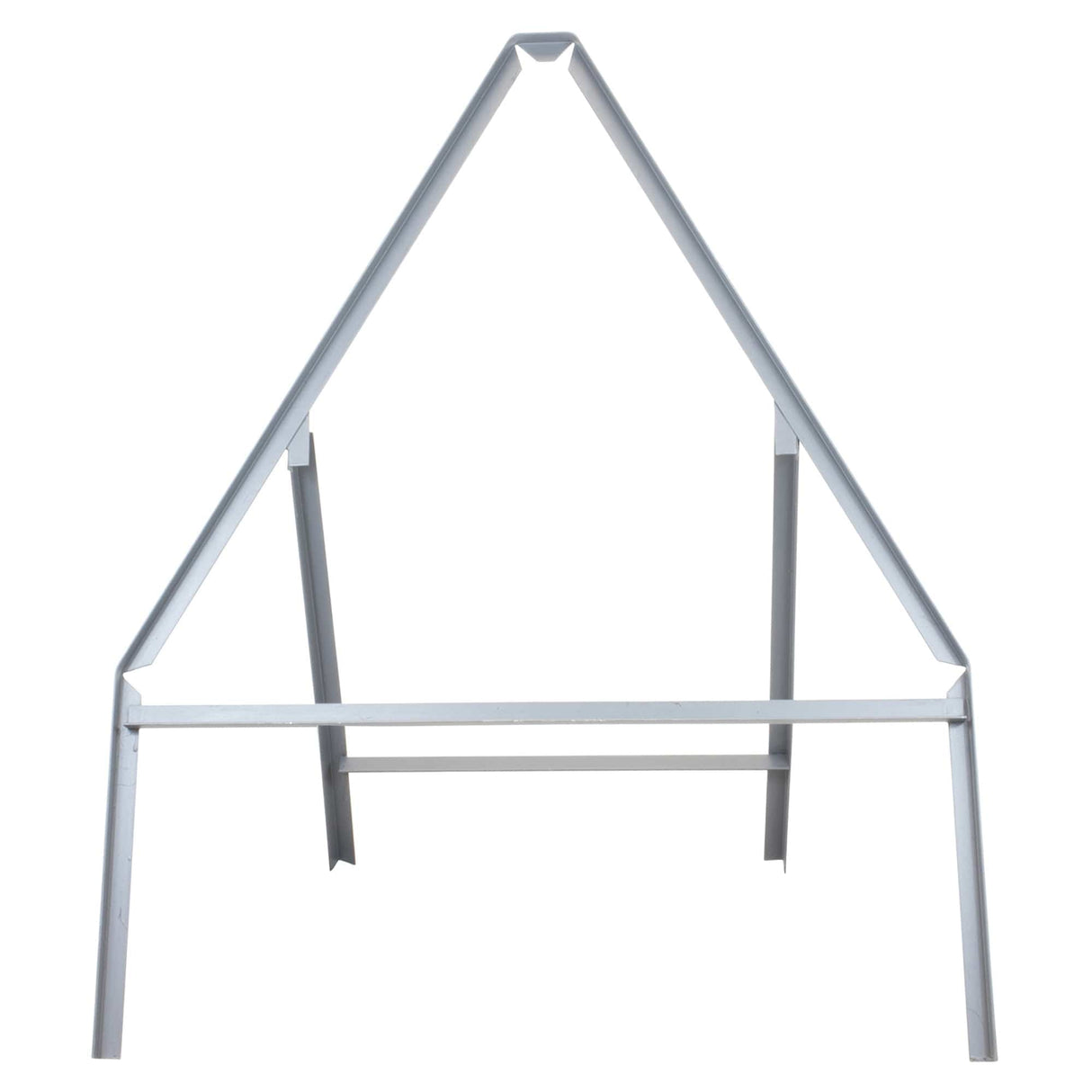 Temporary metal road sign frame, 750mm triangle, front view of the grey steel A-frame
