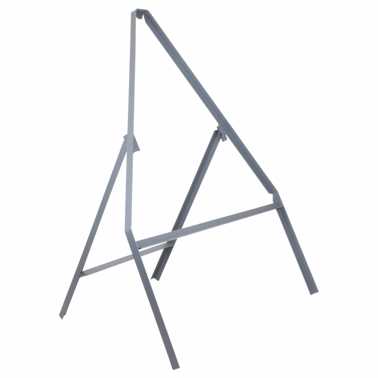 Temporary metal road sign frame, 750mm triangle, angled view showing the A-frame legs and cross brace
