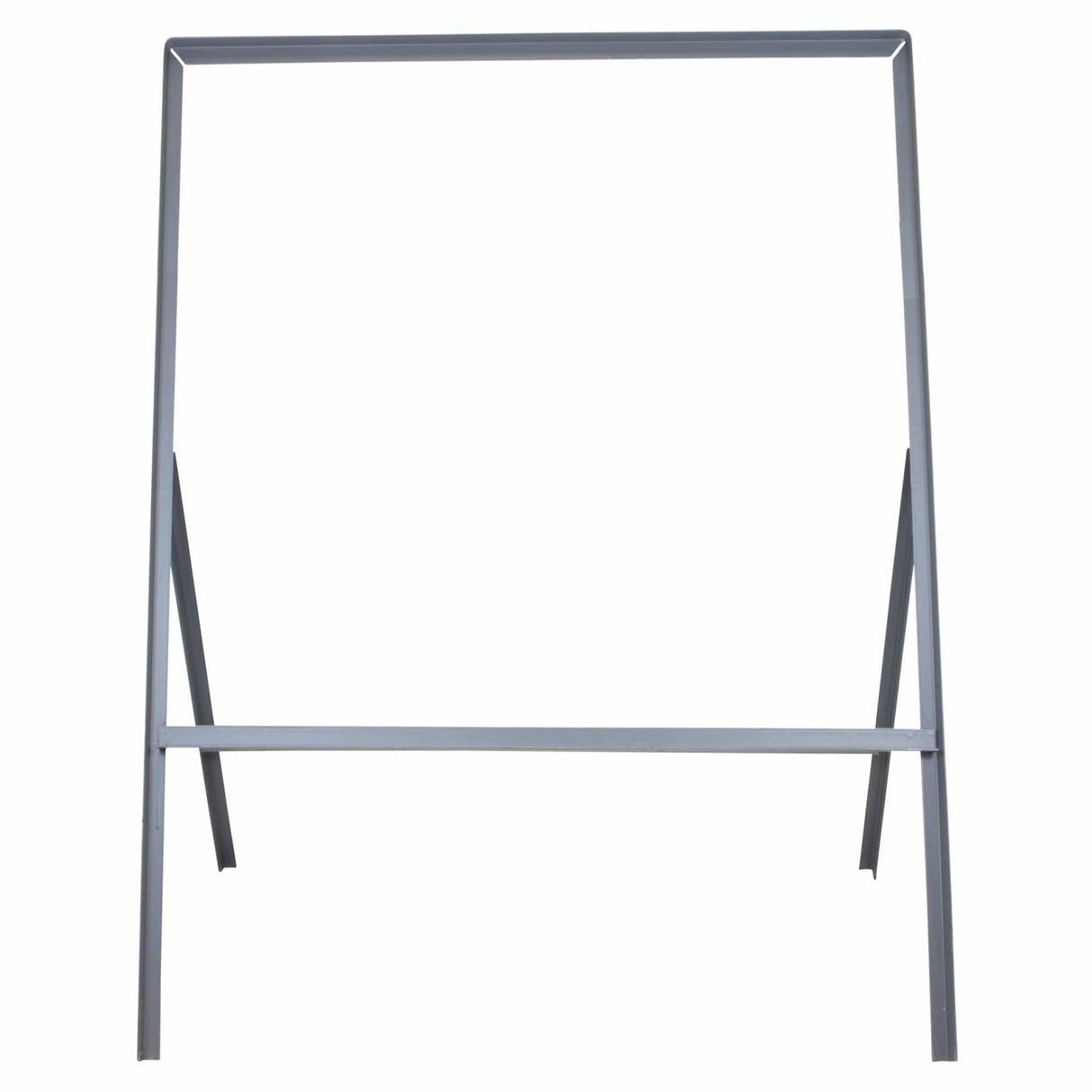 Temporary metal road sign frame, 750mm square, front view of the grey steel A-frame