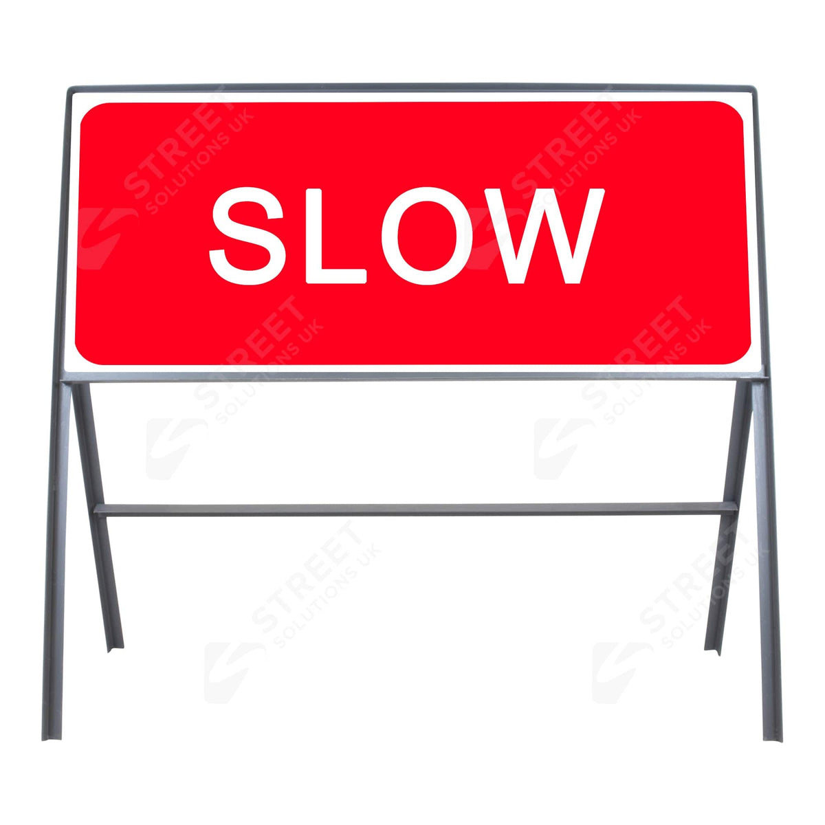 SLOW metal road sign face, red letters on white, 1050 x 450mm, shown in a grey steel frame