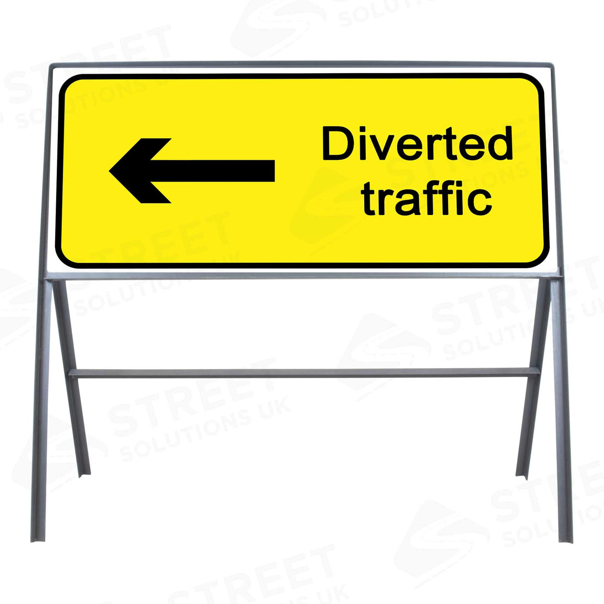 Diverted traffic arrow left metal sign face, 1050 x 450mm yellow and black, mounted in a grey steel frame