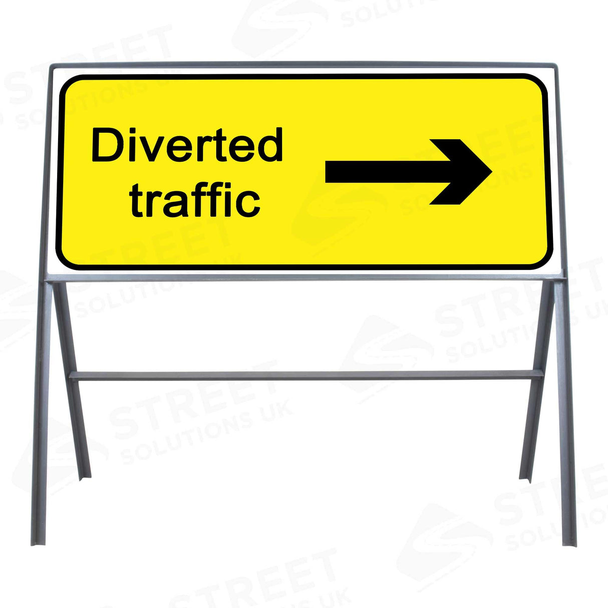 Diverted traffic right arrow metal sign face, 1050 x 450mm, yellow and black, mounted in a grey steel frame