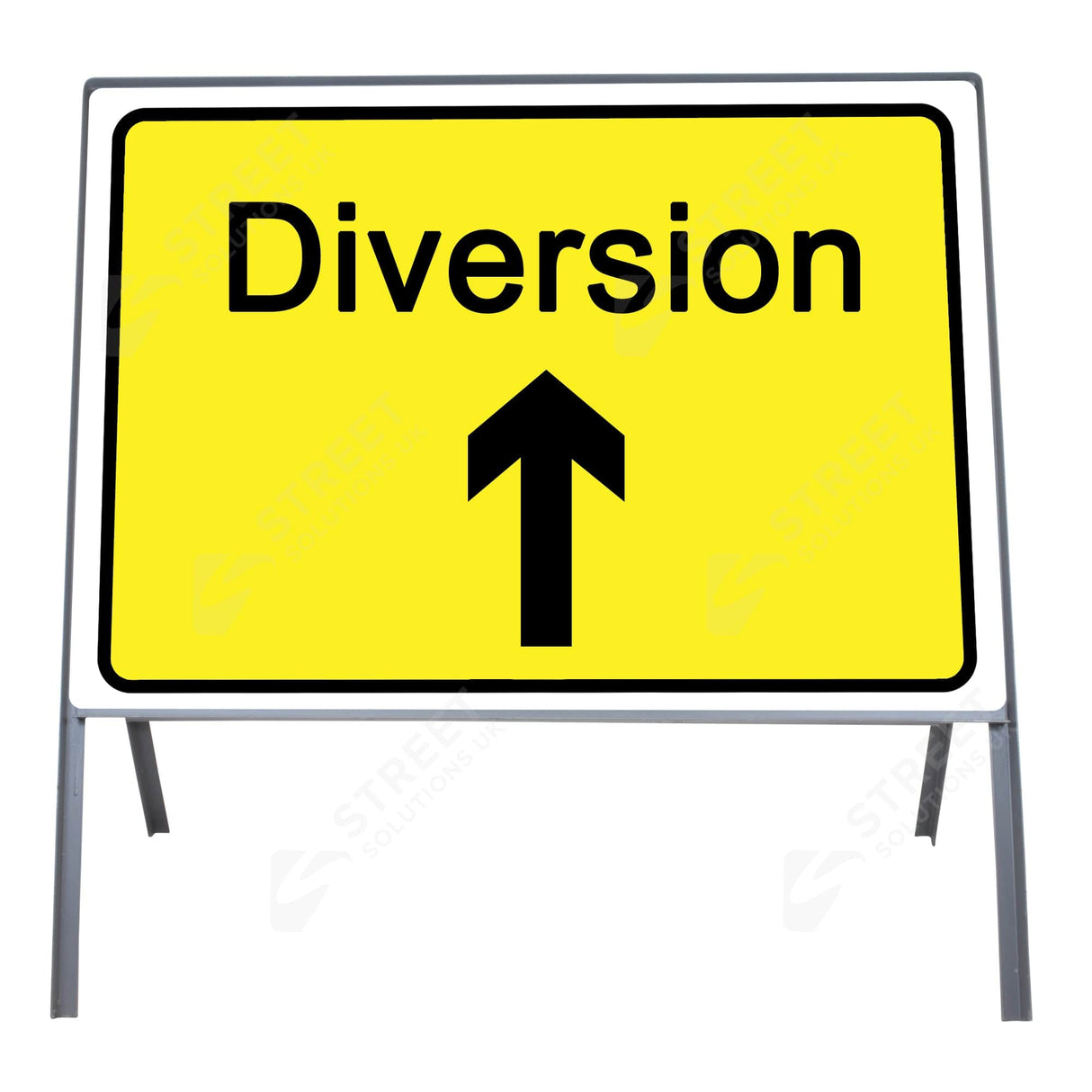 Diversion arrow ahead metal sign face 2702 in yellow and black, mounted in a grey steel frame