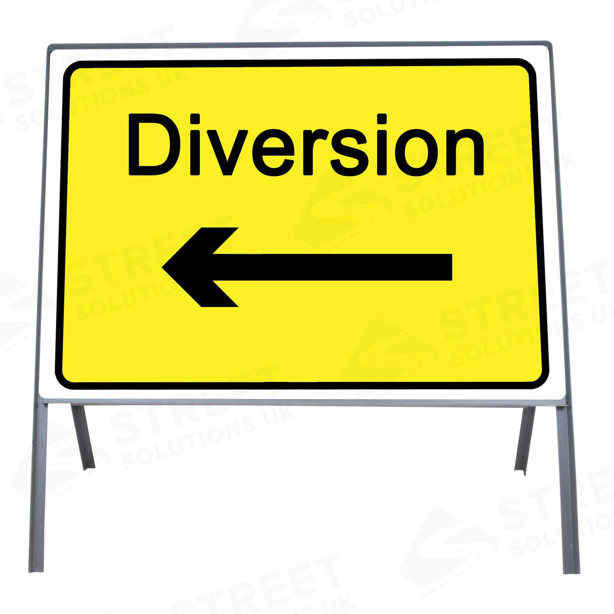 Yellow and black diversion arrow left metal road sign 2702, 1050 x 750mm, mounted in a steel frame