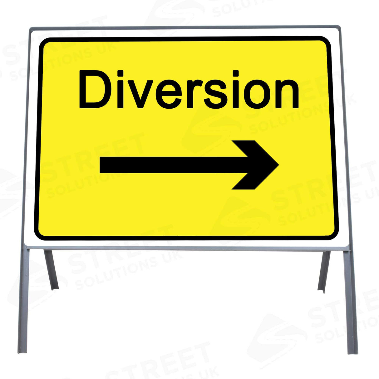 Yellow and black diversion arrow right metal sign face 2702 mounted in a grey steel road sign frame