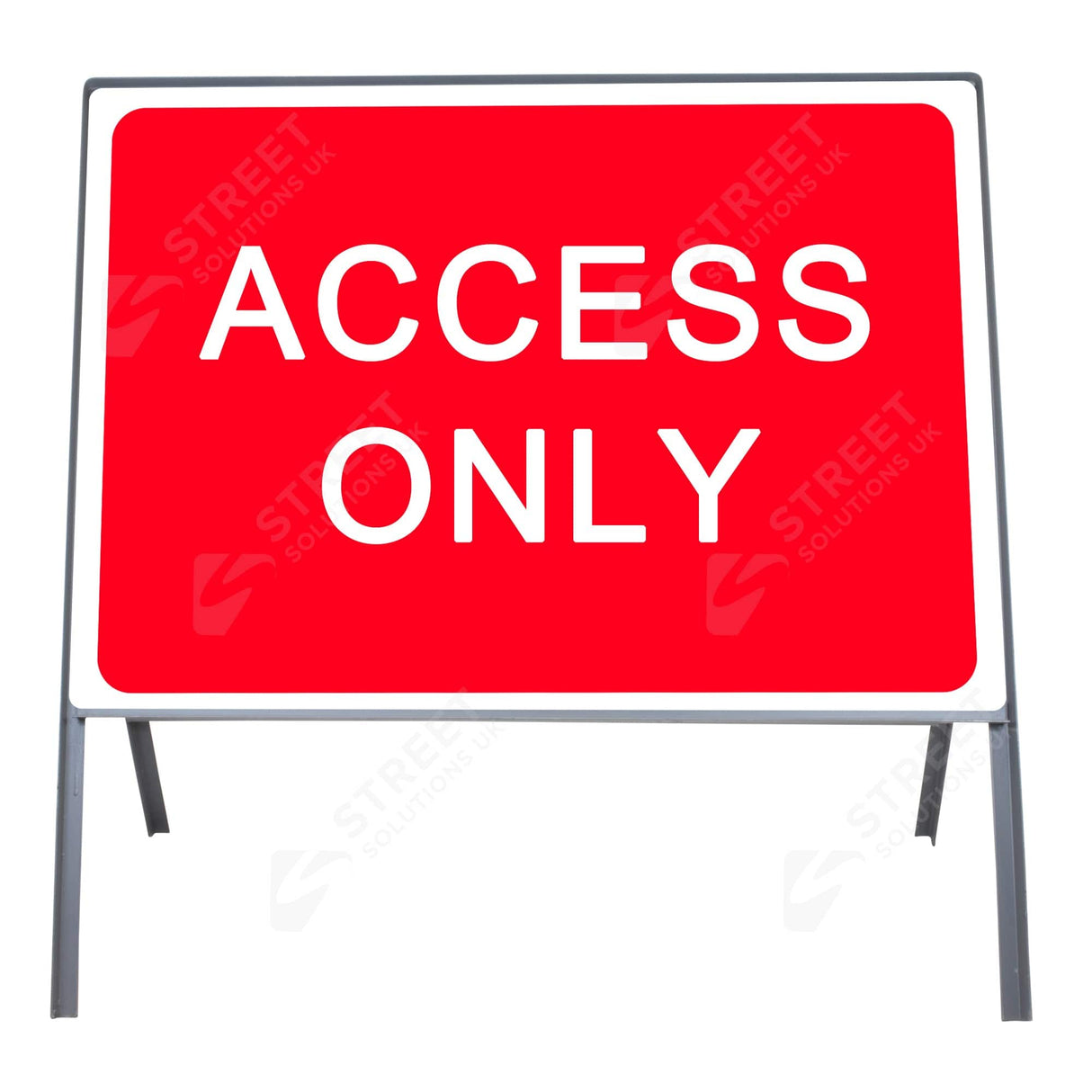 Access Only 7000b metal road sign face, red and white RA1 reflective, in a grey steel A-frame - front view