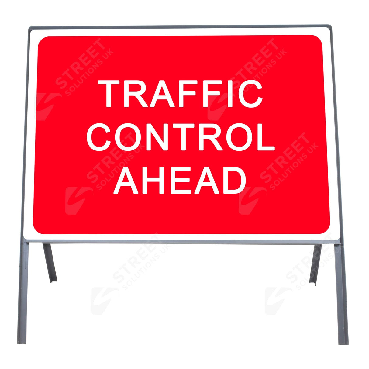 Traffic control ahead metal sign face 7010.1 mounted in a grey A-frame - red and white wording sign