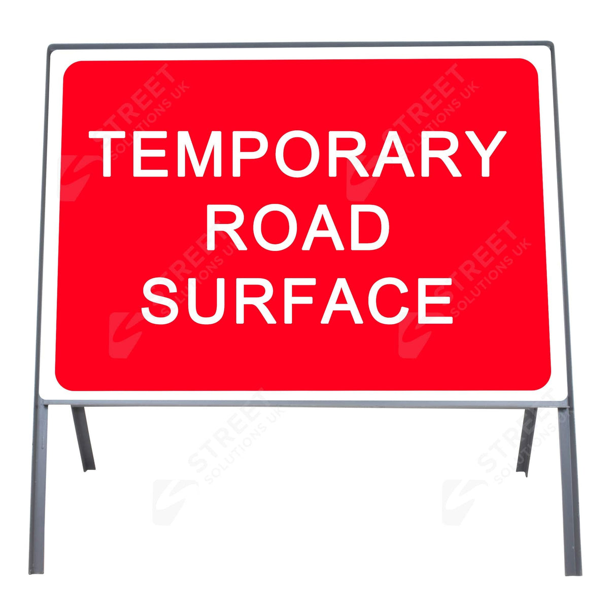 Temporary road surface metal sign face 7010c, red and white, 1050 x 750mm, shown in a grey steel frame