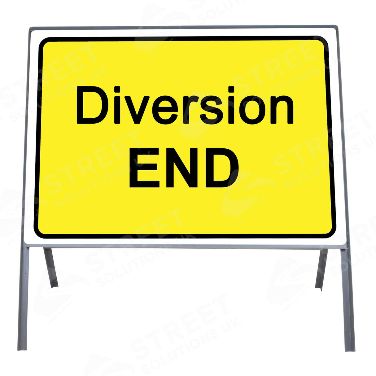 Diversion END metal sign face 2702 in yellow and black, mounted in a grey metal road sign frame