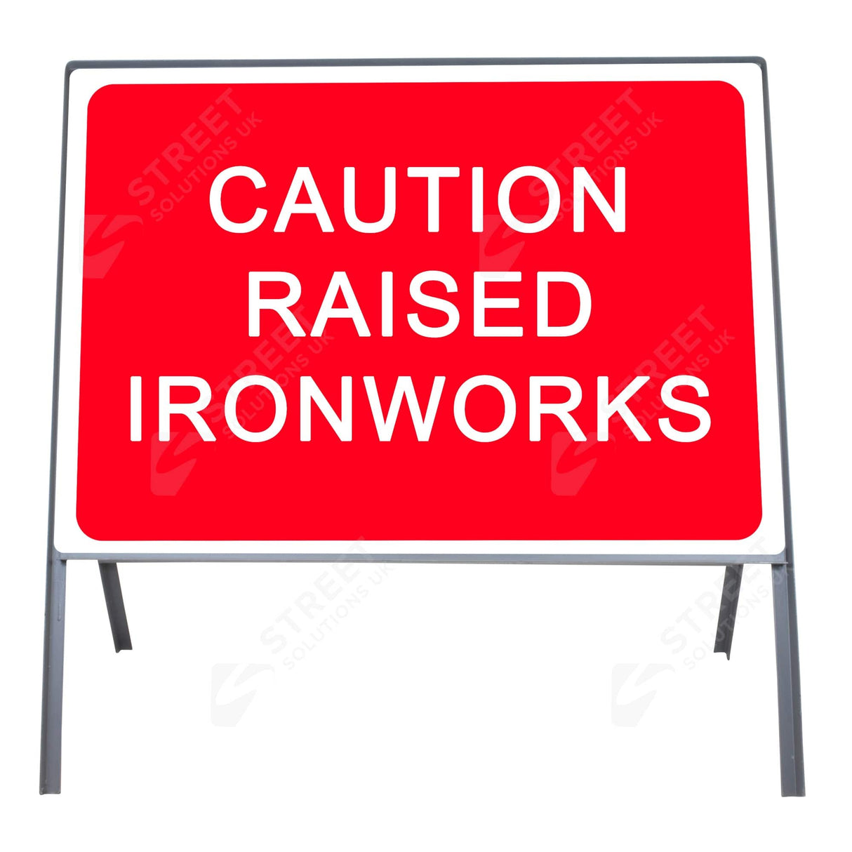 Caution Raised Ironworks 7022 metal road sign face, red and white RA1 reflective, in a grey steel A-frame - front view