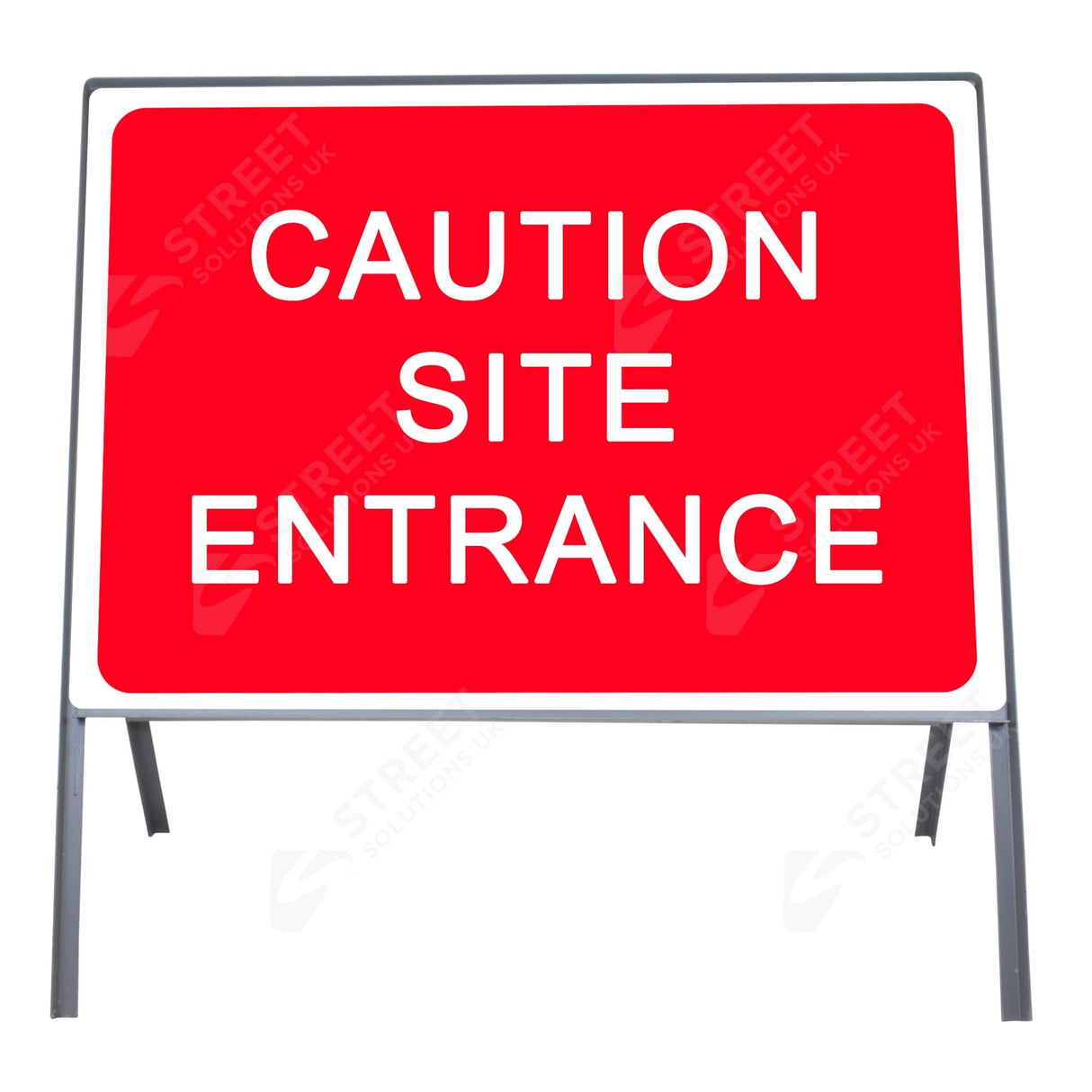Caution site entrance metal road sign, red and white 1050 x 750mm face in a grey steel frame