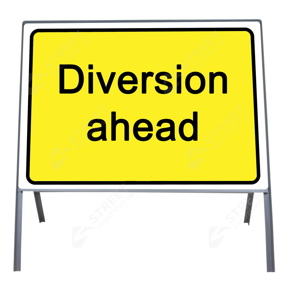 Yellow and black Diversion Ahead metal sign face 2702b, 1050 x 750mm, mounted in a grey steel road sign frame