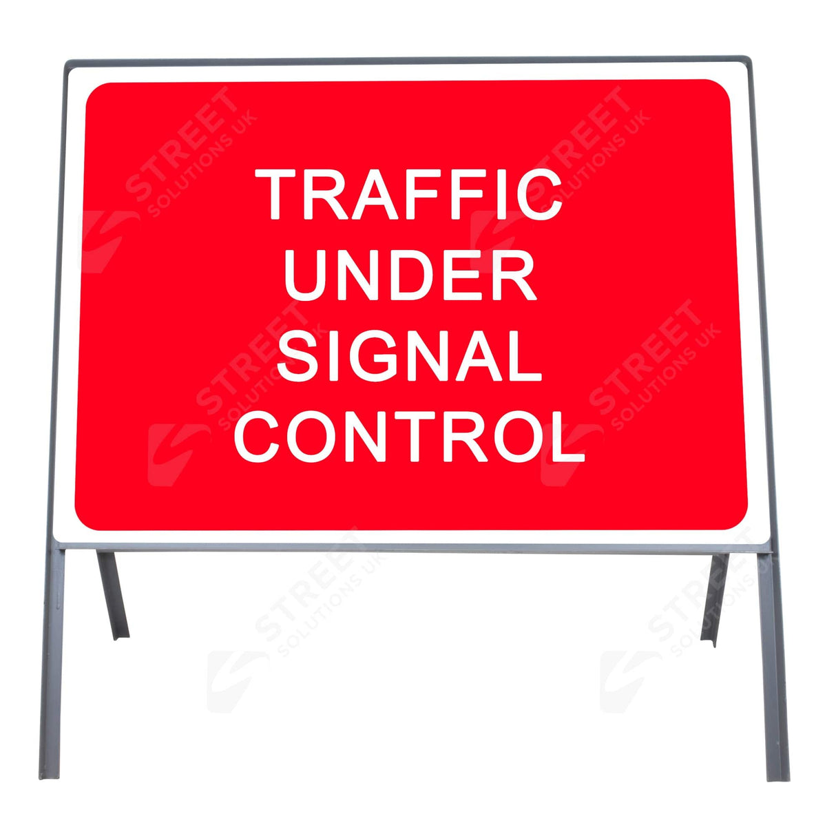 Traffic under signal control metal sign face 7021, 1050 x 750mm, shown in a grey steel frame