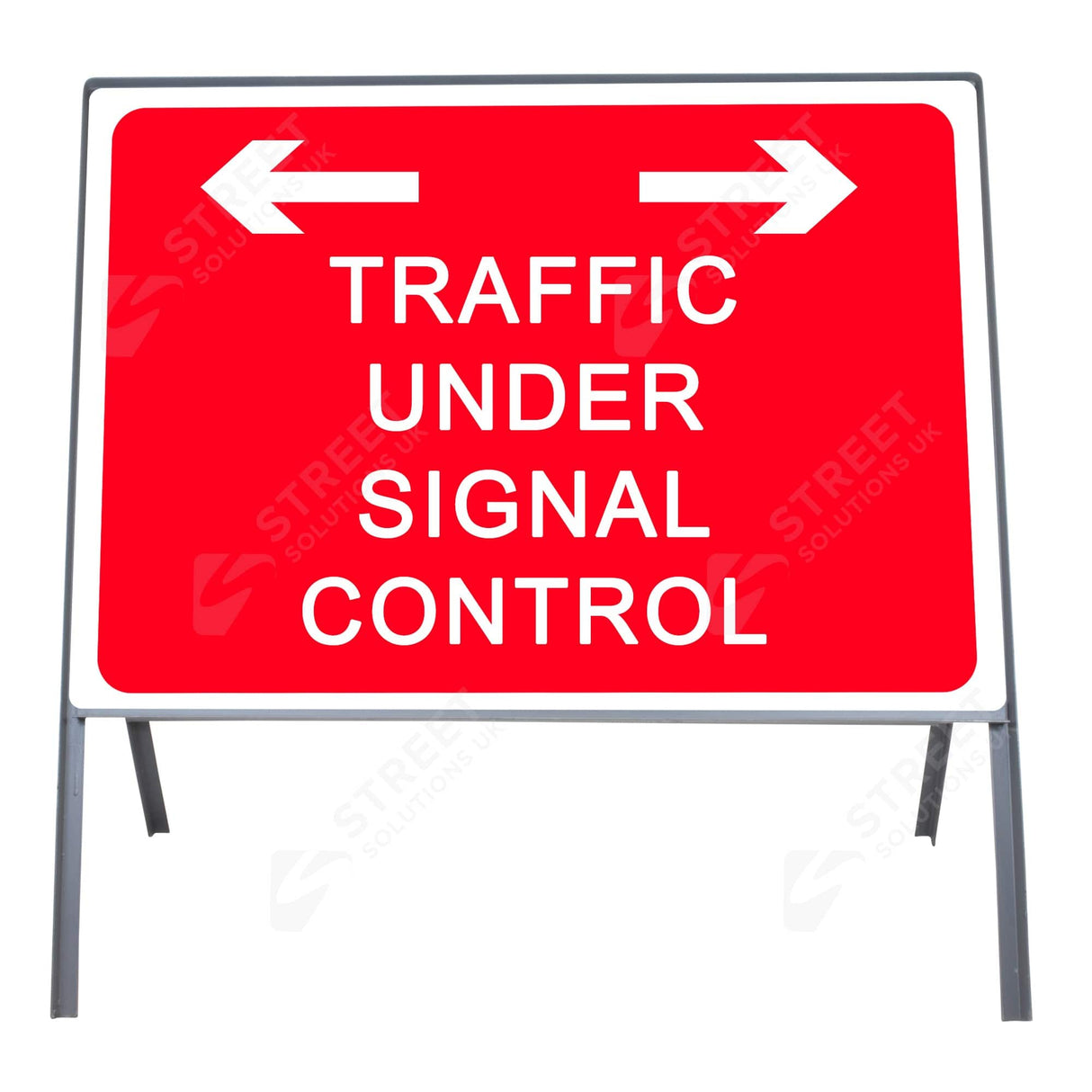 Traffic Under Signal Control arrows metal sign face 7021, red and white, in a grey steel frame, 1050 x 750mm