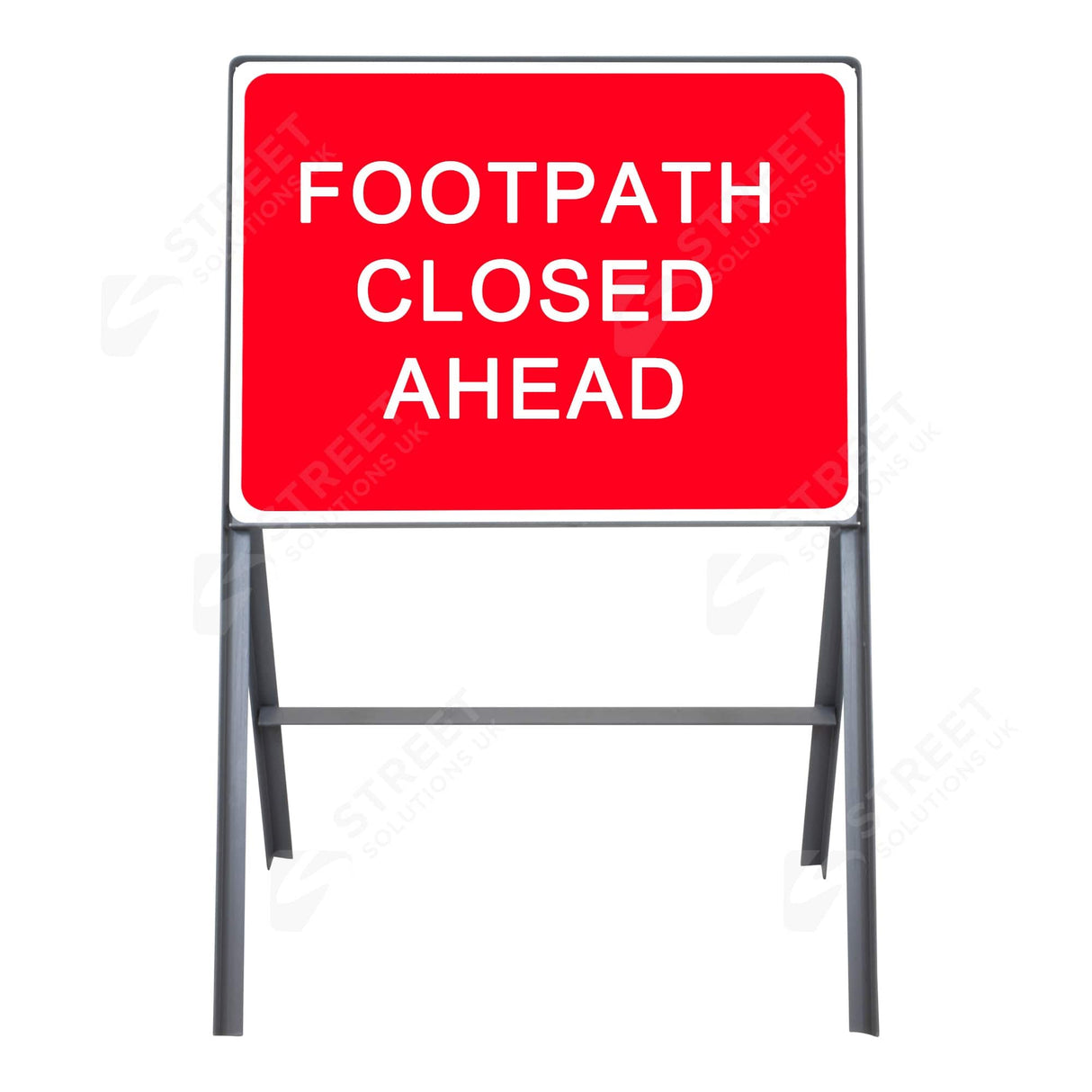 Footpath closed ahead metal sign face, 600 x 450mm, red and white, mounted in a grey steel frame