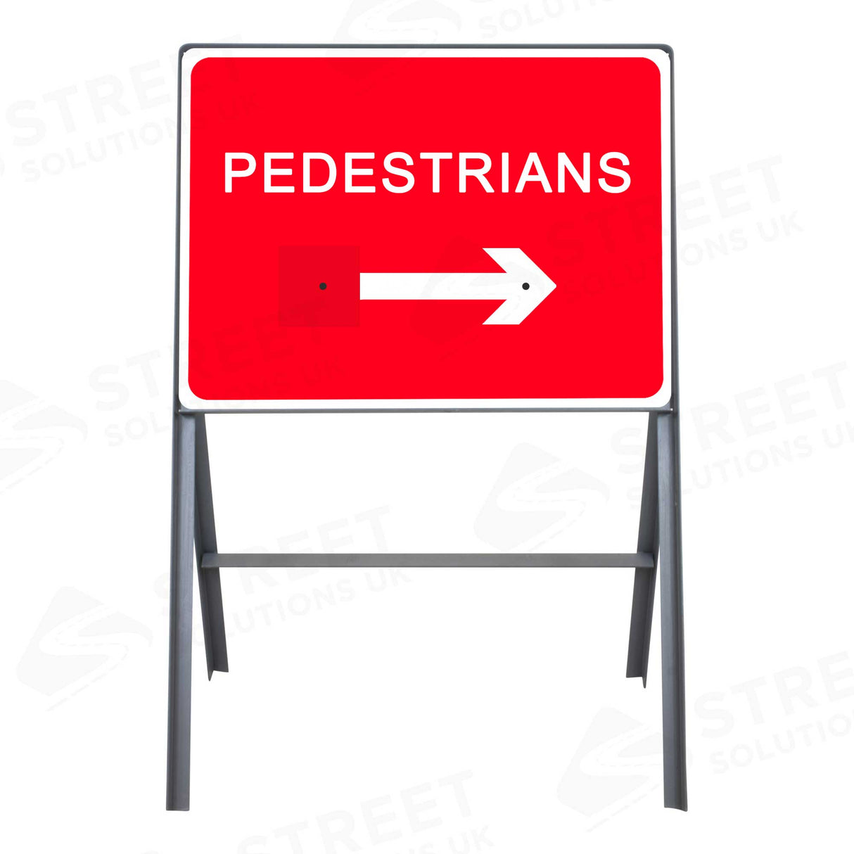Pedestrians left/right reversible sign face (diagram 7018) in a 600 x 450mm metal road sign frame - front view