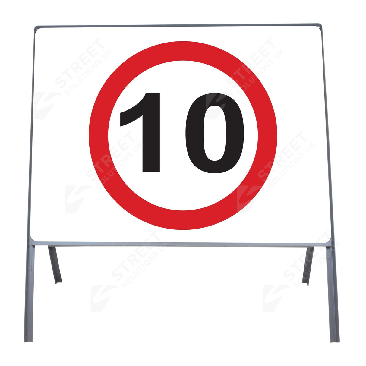 750mm circular 10mph metal speed restriction sign face mounted in a grey frame