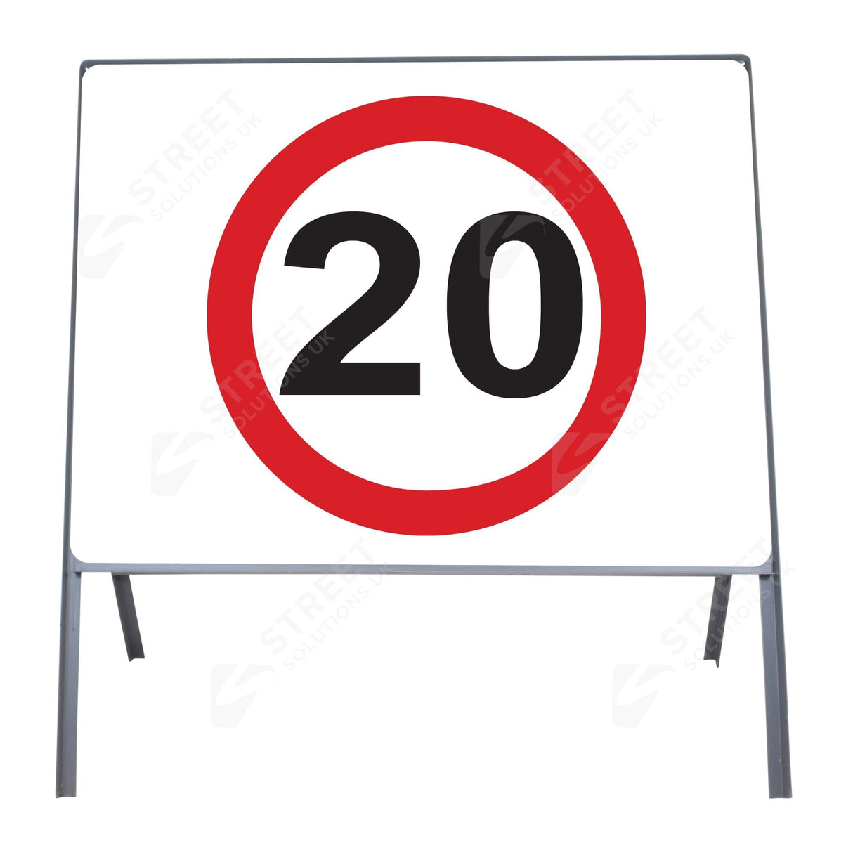 20mph metal sign face with red and white reflective roundel in a grey square frame - front view