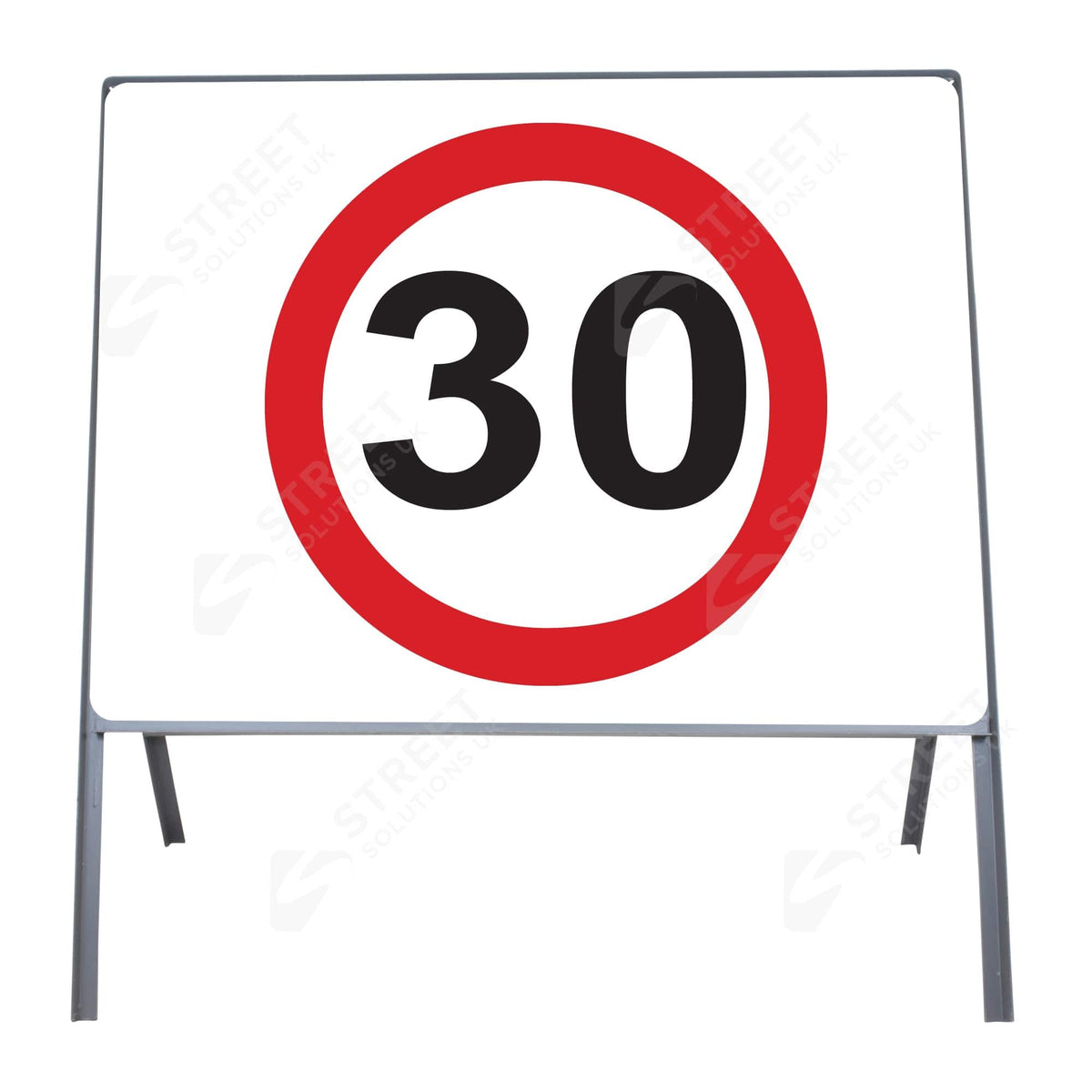 750mm circular 30mph metal sign face in red and white mounted in a metal frame