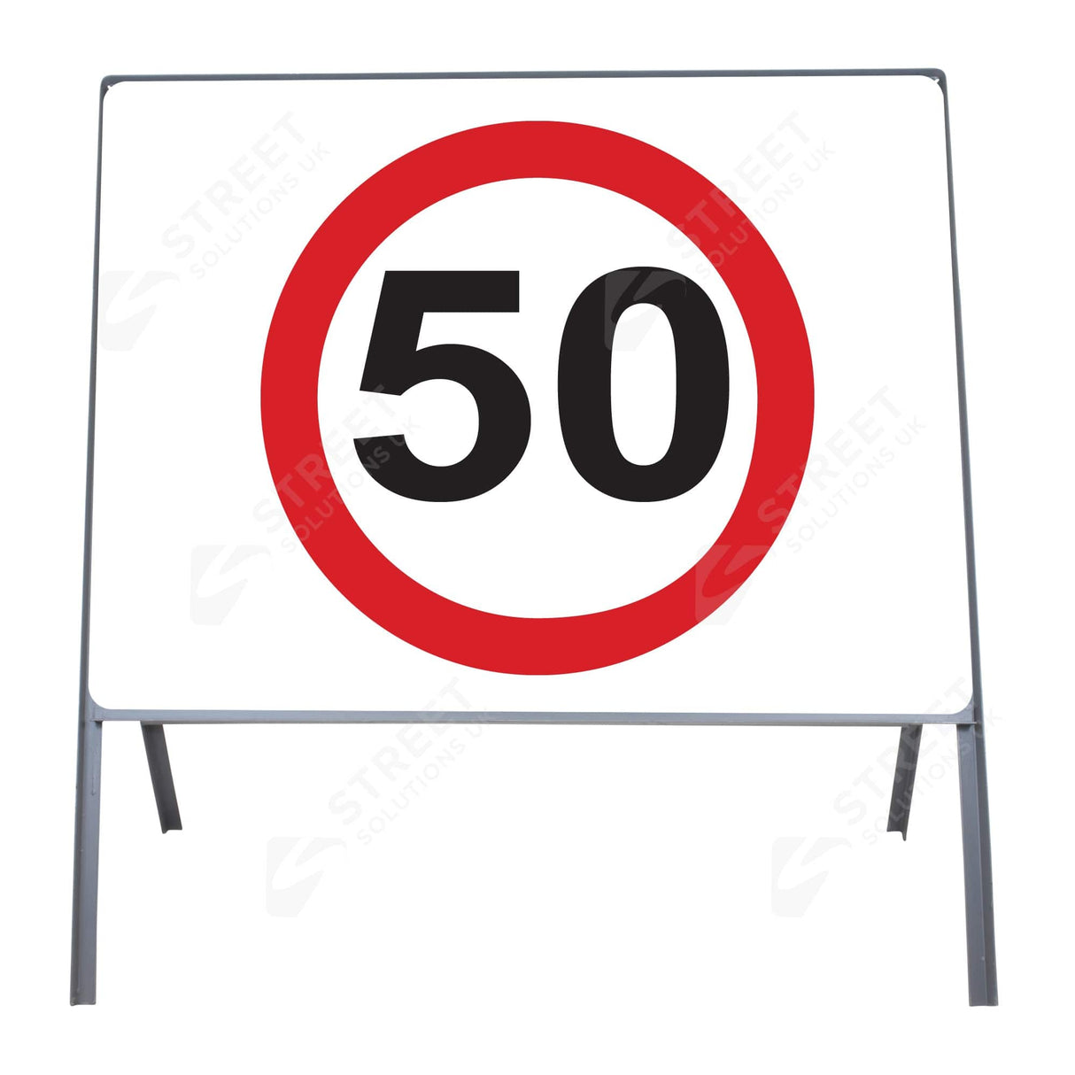 50mph speed limit sign face mounted in a grey metal A-frame - 750mm circular red and white sign