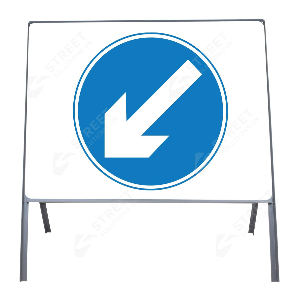 Blue and white 750mm keep left metal sign face (diagram 610) in a roadside metal frame - front view