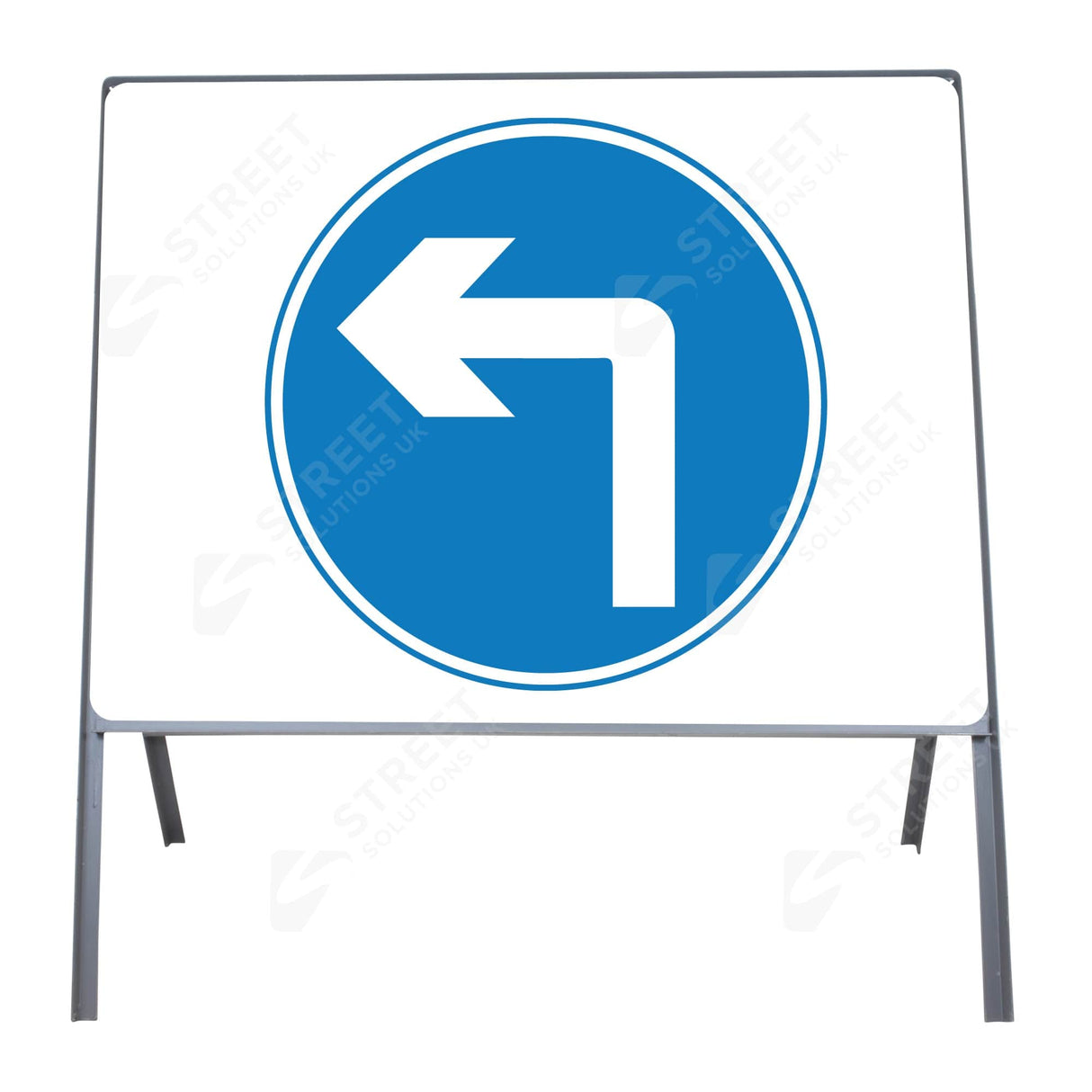 750mm left turn ahead metal sign face, blue circle with white arrow, mounted in a steel road sign frame - front view