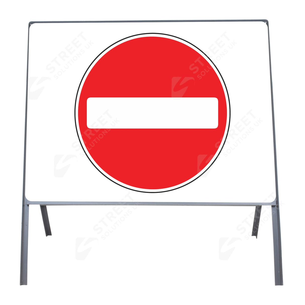 750mm no entry metal sign face mounted in a grey steel road sign frame - front view