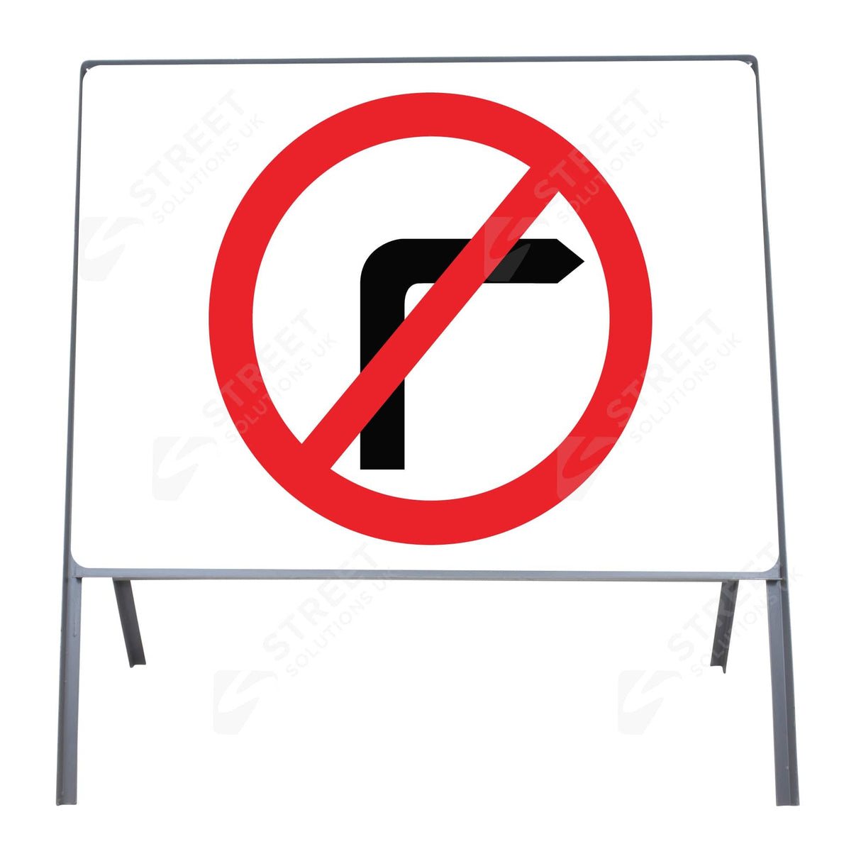 750mm no right turn metal sign face (diagram 612) mounted in a metal road sign frame - front view