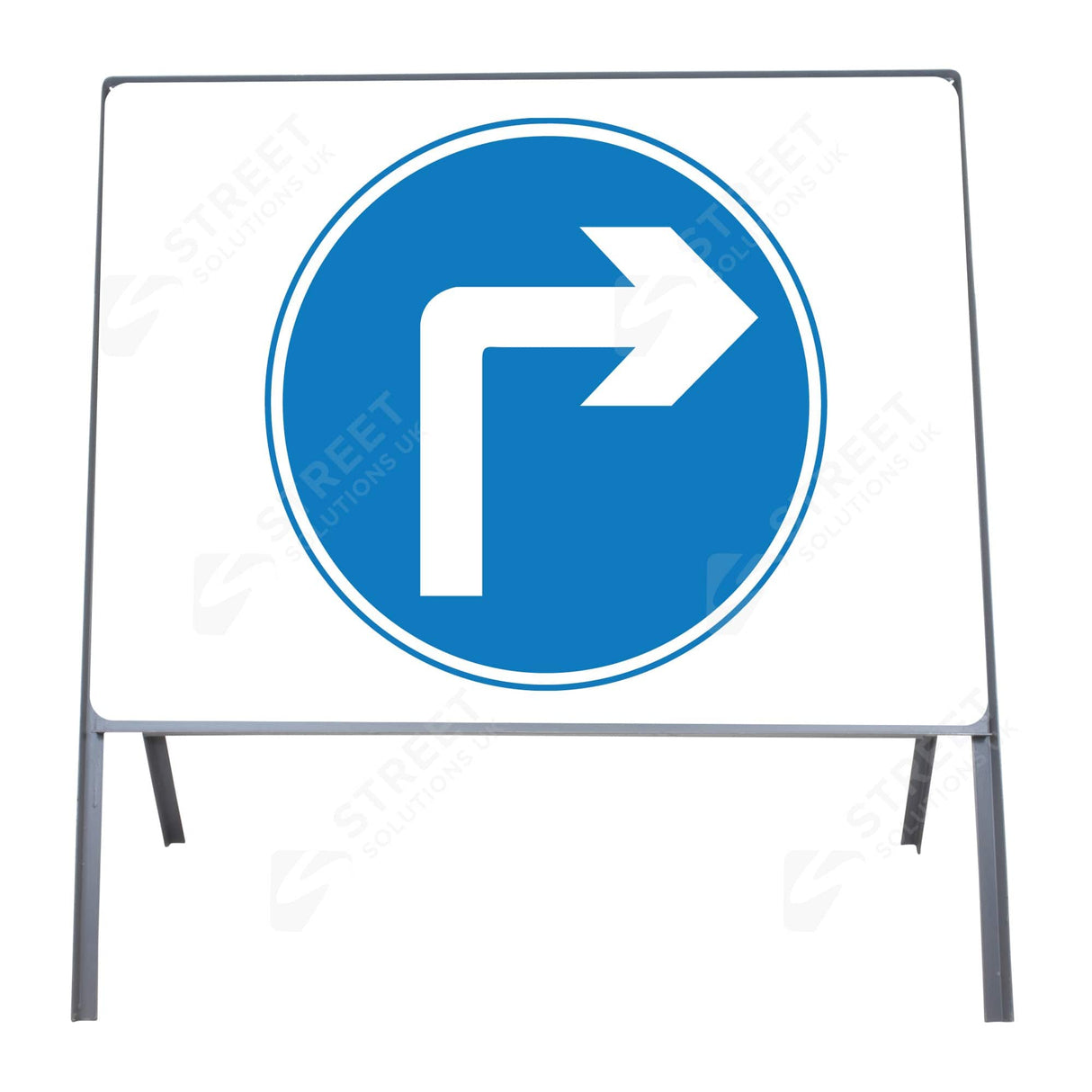 750mm right turn ahead metal road sign face, blue and white circular retroreflective
