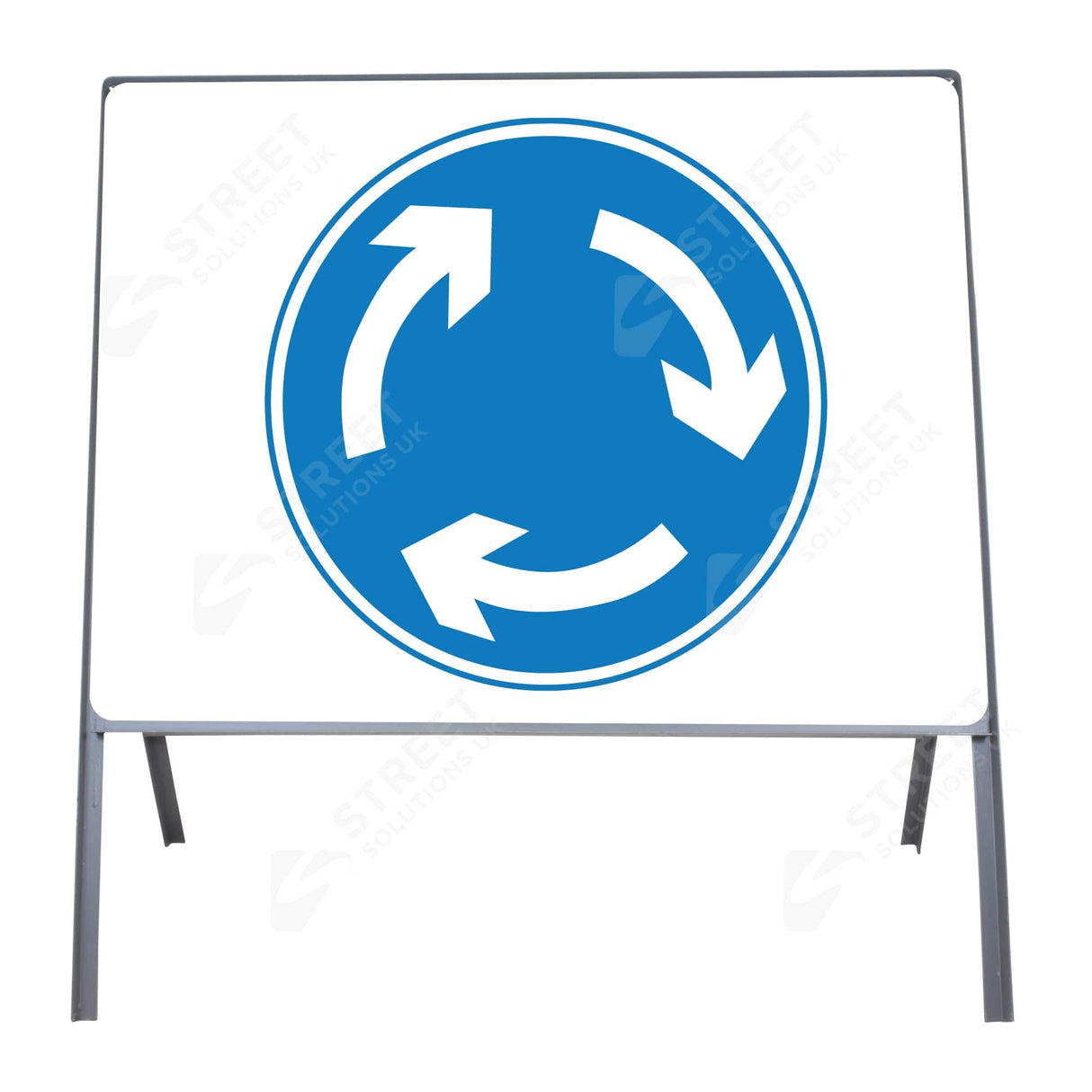 Mini roundabout sign face 611.1, 750mm blue and white circle, mounted in a grey steel frame