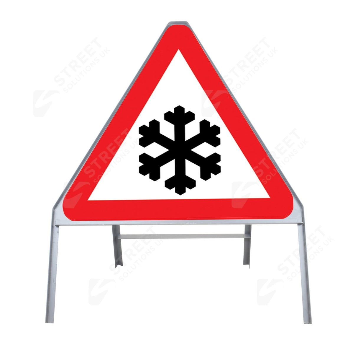 Ice symbol warning triangle sign face 554.2, 750mm, mounted in a grey steel roadside frame