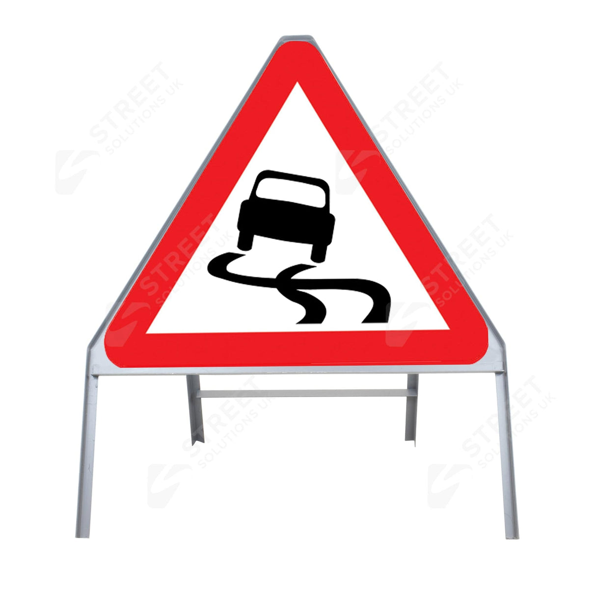 Slippery road surface warning sign face 557 in a grey metal A-frame - red triangle with skidding car symbol