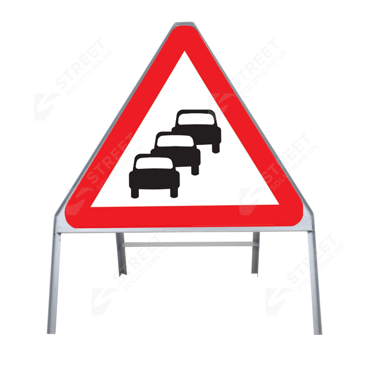 Queues likely ahead warning triangle sign face 584, 750mm, mounted in a grey steel roadside frame