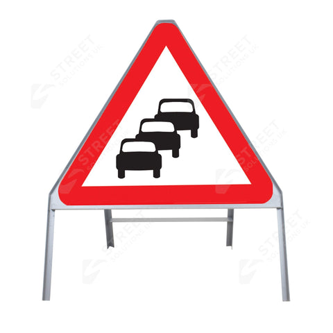 Metal road sign frame 750mm triangle size Rectangular shape Heavy-duty construction Durable material Road sign accessory Chapter 8 compliant Highway and byway use Traffic sign mounting Weather-resistant design