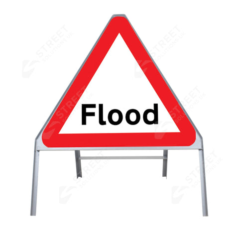 Metal road sign frame 750mm triangle size Rectangular shape Heavy-duty construction Durable material Road sign accessory Chapter 8 compliant Highway and byway use Traffic sign mounting Weather-resistant design