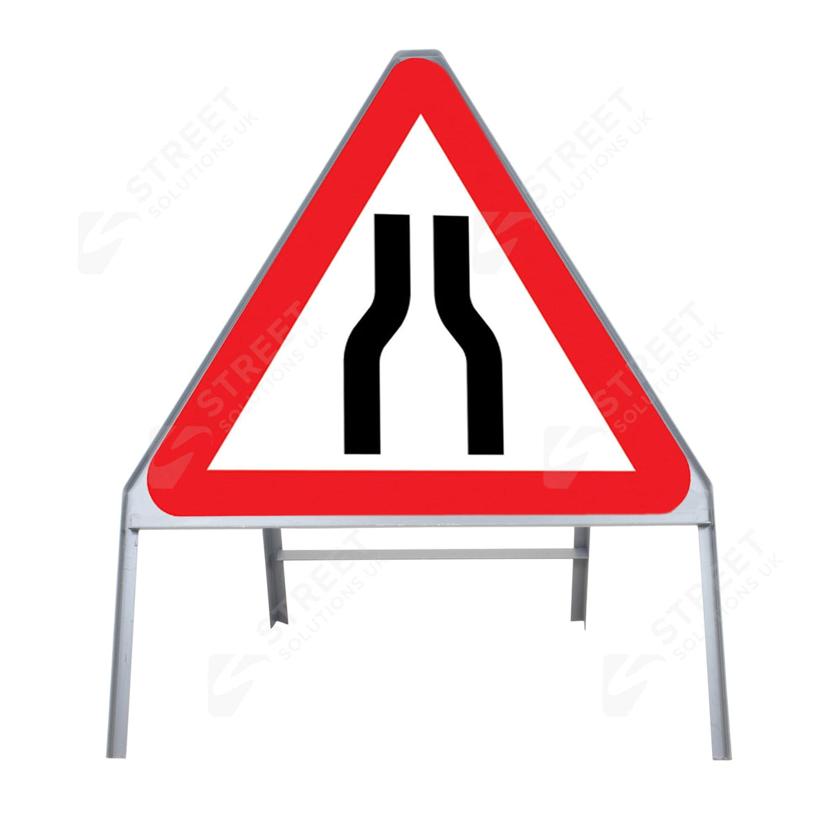Road narrows both sides triangle sign face 516, 750mm red white and black, in a grey steel frame